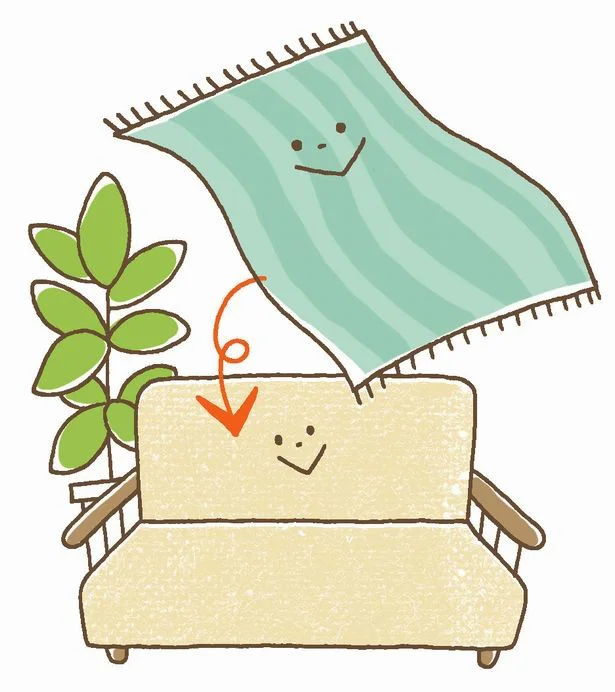 【写真を見る】布製ソファーには大判の布を掛けておくだけで、ダニや菌の繁殖が防げる！