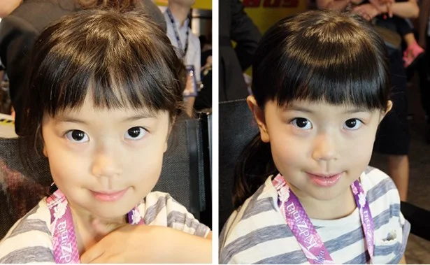 左：メーク前→右：メーク後。唇つやプル、髪ツヤッツヤになったせいか、ふうかちゃん（4歳）はちょっぴりレディーな表情に