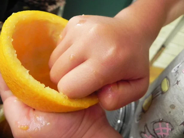 【写真を見る】オレンジを横半分に切ったら、果肉をフォークで取り出し、残った薄皮も丁寧に取り除く。これがカップになる