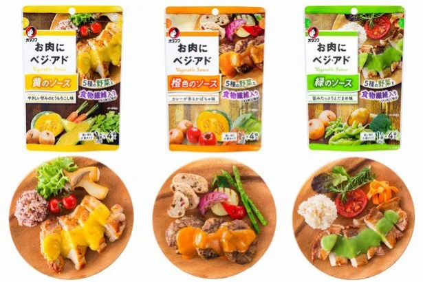 肉メニューの見栄えをよくする、カラフルな野菜ソース