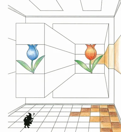 【写真を見る】錯覚の原理で描かれた「チューリップの大きさ」を見比べることで、眼トレや脳の活性化に。壁や床は、奥行き感が出るように塗るとより効果的だそう