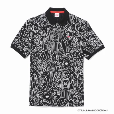 ラコステによって描き下ろしされた怪獣たちがびっしりのポロシャツ（黒）　14000円（税抜）