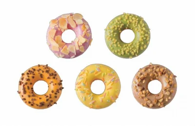 Mister Donut to go 限定ドーナツ「カラフル・ポン・デ Jr.」各108円　左からオレンジ、ストロベリー、レモン、抹茶、カフェオレ