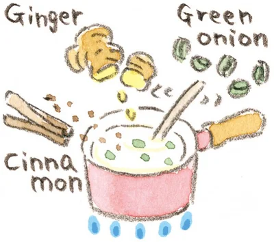 【写真を見る】ジンジャーとシナモンパウダー、長ねぎを使ったスープで体を芯から温めて