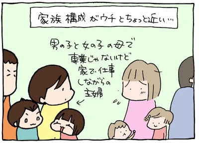 左の4人が「前川家」、右の4人が漫画に出てくる「野原家」。ピンク服の大人が「祥子」、背中しか見えていない右端は「祥子の夫」