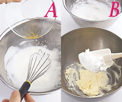 グラニュー糖を加えて泡立てた卵白に、はちみつを流し入れながら混ぜる(A)。別のボウルでクリーム状にしたバターに、泡立てた卵白を3回に分けて加える（B）