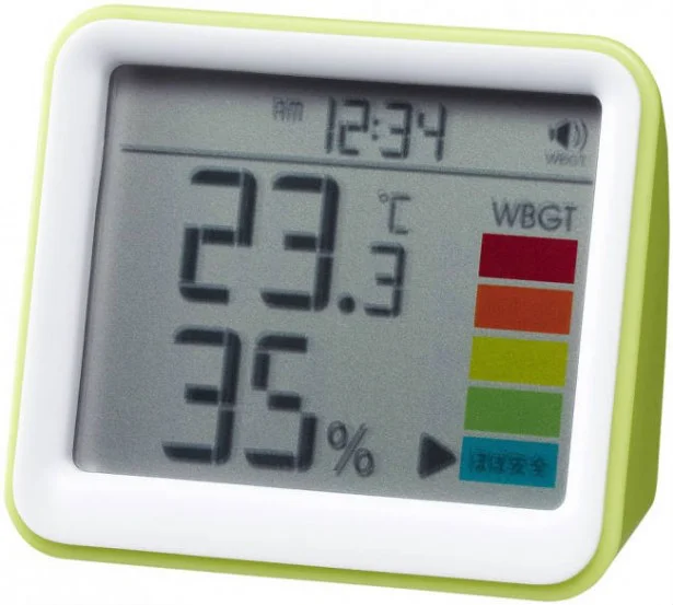 【写真を見る】「時計付き置き型デジタル温湿度計」暑さ指数を5段階の色で表示 オープン価格