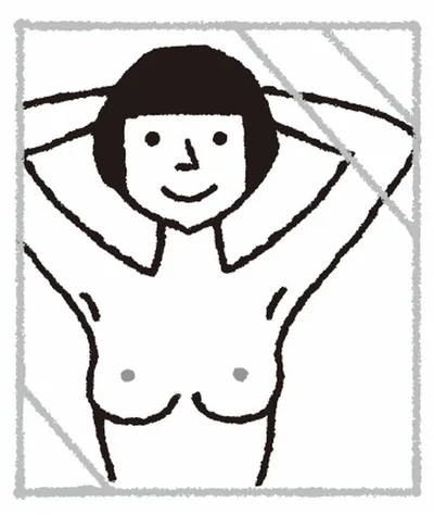 鏡の前で腕を上下して、乳房や乳首の状態を目で見てチェック
