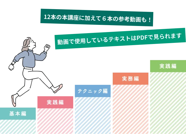 12本の本講座に加えて6本の参考動画も！動画で使用しているテキストはPDFで見られます