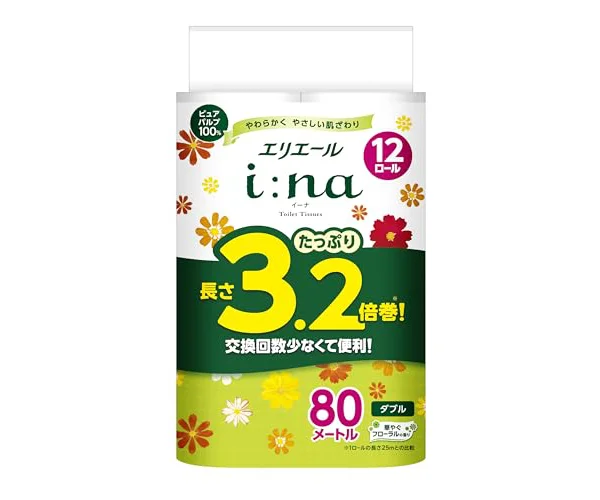 エリエール トイレットペーパー i:na(イーナ) 3.2倍巻 80ｍ×12ロール ダブル パルプ100% 華やかなフローラルの香り