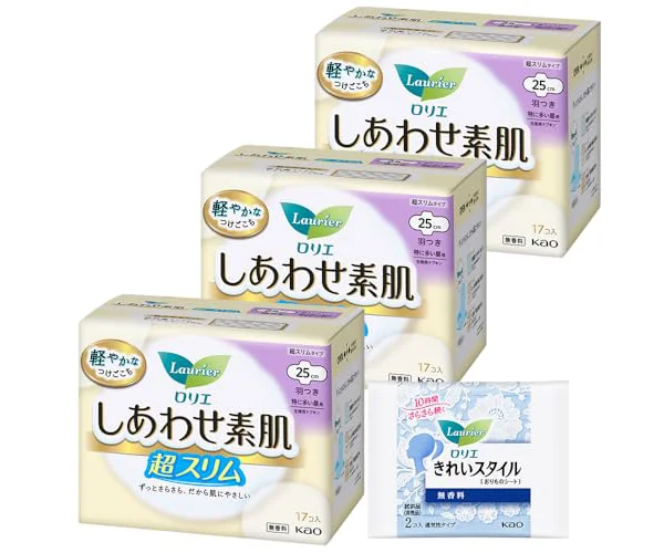 ロリエ しあわせ素肌 超スリム 特に多い昼用25cm 羽つき 17個×3個+おまけ付き 【Amazon.co.jp限定】