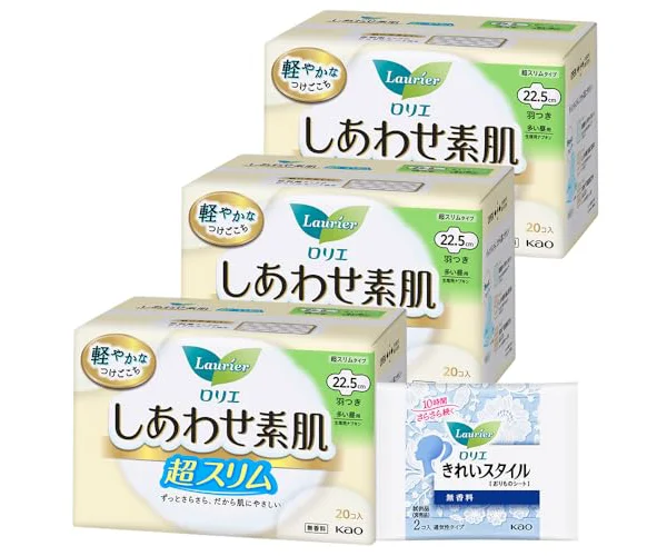 ロリエ しあわせ素肌 超スリム 多い昼用 羽つき22.5cm 20コ入 × 3セット(60コ)+おまけ付き 【Amazon.co.jp限定】