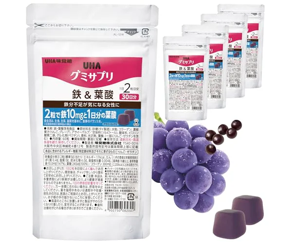 UHA味覚糖 グミサプリ 鉄＆葉酸 5袋セット (アサイーミックス味 / 30日分 × 5袋) 鉄分グミ サプリ 女性向け (鉄分/葉酸/コラーゲン 配合) 鉄…