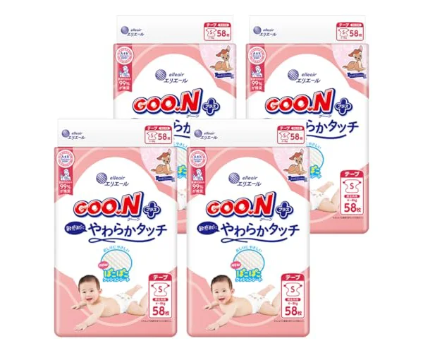 【テープ Sサイズ】 グーンプラス 敏感肌にやわらかタッチ おむつ (4~8kg) 232枚(58枚×4) [ケース販売] (ディズニーデザイン) 【Amazo…