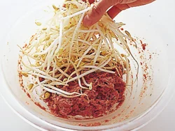 たねを作るときは、まず、ひき肉、ねぎ、にら、調味料をよく練り混ぜ、仕上げにもやしを加えたらさっと混ぜる程度でよい。