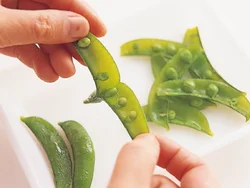 仕上げにのせるスナップえんどうは、縦に裂いて豆が見えるようにすると春らしさが増す。