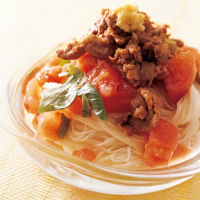 「しょうが焼きトマトバジルそうめん」の太らない献立