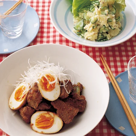 ごまみそ風味の角煮とシンプルポテトサラダ