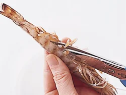 えびは腹側にキッチンばさみで頭の下から尾まで切り目を入れておくと、食べやすい。