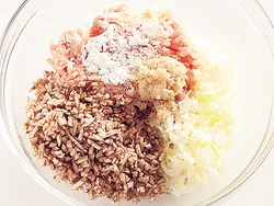 ひき肉の量に対して、ごぼうがたっぷり。ごぼうはせん切りスライサーを使ってから包丁で刻むと細かくしやすい。