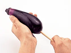 菜箸を使って、中心に１本穴をあけると、肉厚のなすに早く火が通る。