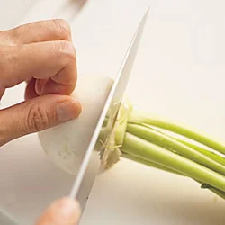 葉は根元で切る。根元の茎と茎の間に土がついているので、その部分を切り落としてから使って。
