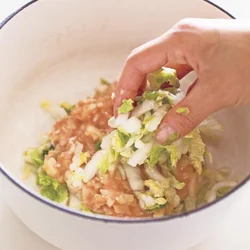白菜、肉だね、白菜……と重ねていく。生地には卵が入っているのでくずれにくいが、もしくずれても気にせずに重ねてOK。