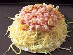 広島の府中という地方では合いびき肉をのせることも。今回はヘルシーなとりひき肉で。