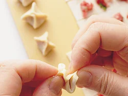 皮は切り離さずに、先に肉だねを均等にのせると包みやすい。正方形の生地の対角線上の角どうしを合わせ、さらに残りの角も合わせると、四角すいのような形に。