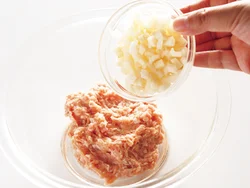 れんこんは食感が残るように、肉だねのほかの材料をよく練り混ぜてから加え、さっと混ぜ合わせる。