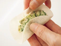 餃子の皮の中央にたねをのせ、両端をパタンと折りたたむようにして包む。両脇は開いていてよい。