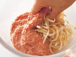 たねは、ひき肉200gに対してもやし250g!　下味をつけたもやしがおいしさのもとになり、味わい深いハンバーグに仕上がる。