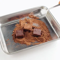 生チョコレートはくずれやすいため、スプーンでココアをかけてまぶす。