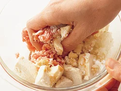 豆腐はしっかり水きりして残りの肉だねの材料とよく練り混ぜる。