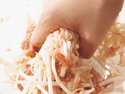 もやしは生のまま加えて、折りながらあんと均一に混ざるまで練る。食感を残したいので、細かくしなくてもOK。
