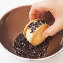 ビスケットを手で持って転がしながら、ごまをまぶす。アイスは少しやわらかいほうがつきやすい。