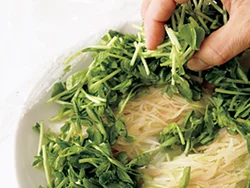 たっぷりの量の豆苗なので、電子レンジで軽く加熱して少ししんなりさせて食べやすく。