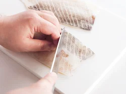 いかは胴全体に切り目を入れる。このひと手間と、ゆでることでやわらかくなり、味もよくからむ。