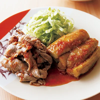 なすと牛肉の辛みだれがけ