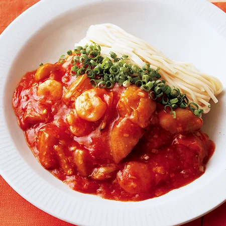 なすと魚介のチリソースあえ麺