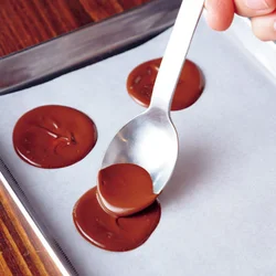 チョコを小さじ１ほど落とし、スプーンの背でくるくるとなでて円形に広げる。