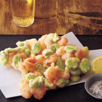 そら豆とえびのビールごろもかき揚げ