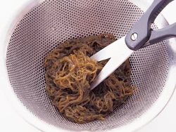 もずくはざるの中で、はさみで縦横３〜４回切り、食べやすい長さにする。