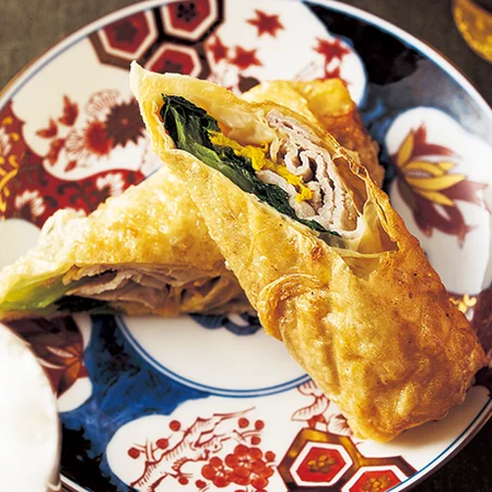 豚肉と菊花のゆば巻き揚げ