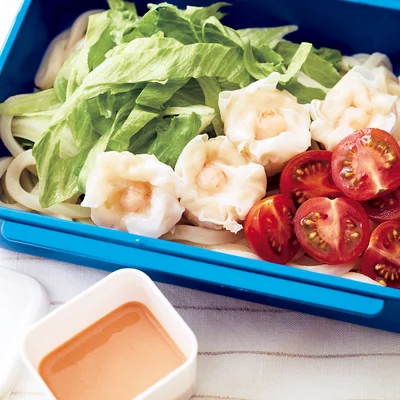 【お弁当にするときは】
うどんに具材をのせて、たれは別容器に。うどんを詰めるときに、しっかりと水けを拭き取るといたみにくくなる。
※夏場のお弁当は、気温が高くいたみやすいので注意が必要。
基本的にすべてしっかりとさましてから詰め、保冷剤を添えて持ち歩くと安心。