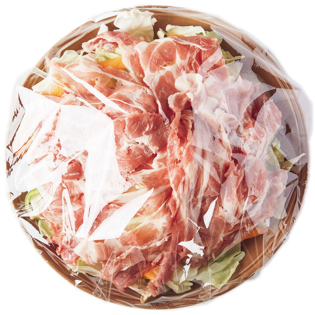 カット野菜+豚しゃぶしゃぶ用肉→皿に重ねてレンチン!
