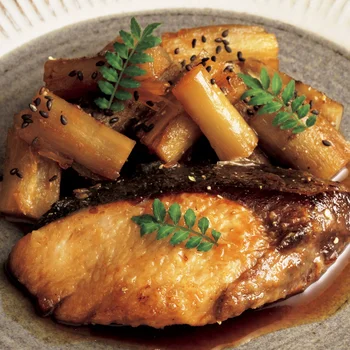 ぶりとたたきごぼうの照り焼き
