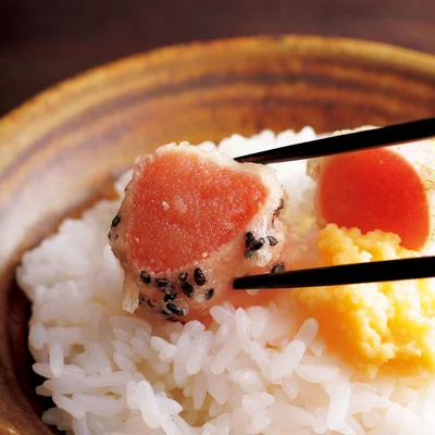 あつあつご飯に、揚げたてのレアなたらこと黄身おろしで！