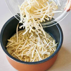 もやしの上に、味つけをしたそぼろだねを広げ、全体に味を移しながら炊き込んで。