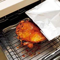 焦げやすいので、焼き色がつき始めたらアルミホイルをのせる。端を折ってちょうどよい大きさにし、平らな状態で肉の上へ。